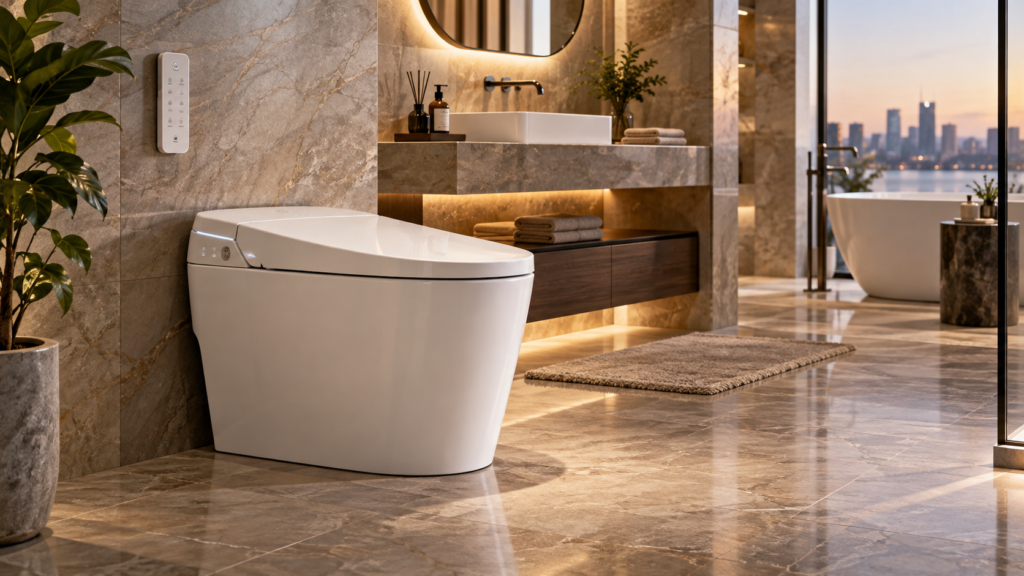 Illustrative white smart commode with wall-mounted remote controls in a premium stone-finished interior