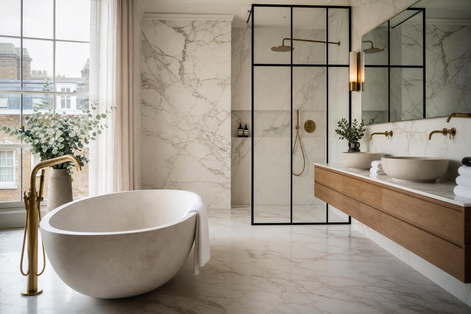 Luxury marble bath space with freestanding bathtub, brass fixtures, glass shower and dual vessel basins